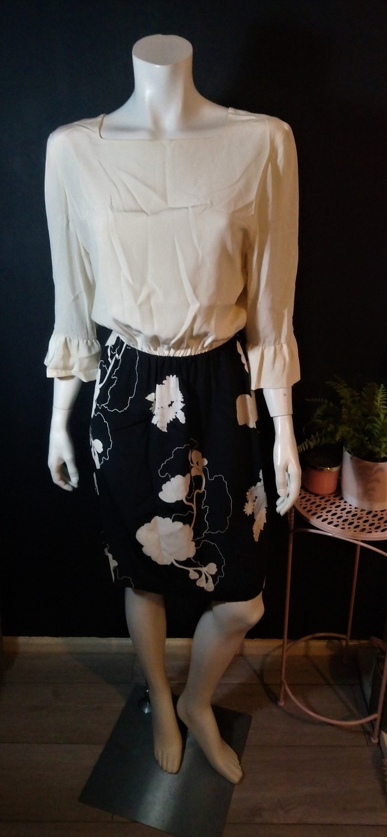 Vintage 1980/'s Casor Italy Seta Pura Silk Dress Ivory Black Midi 10