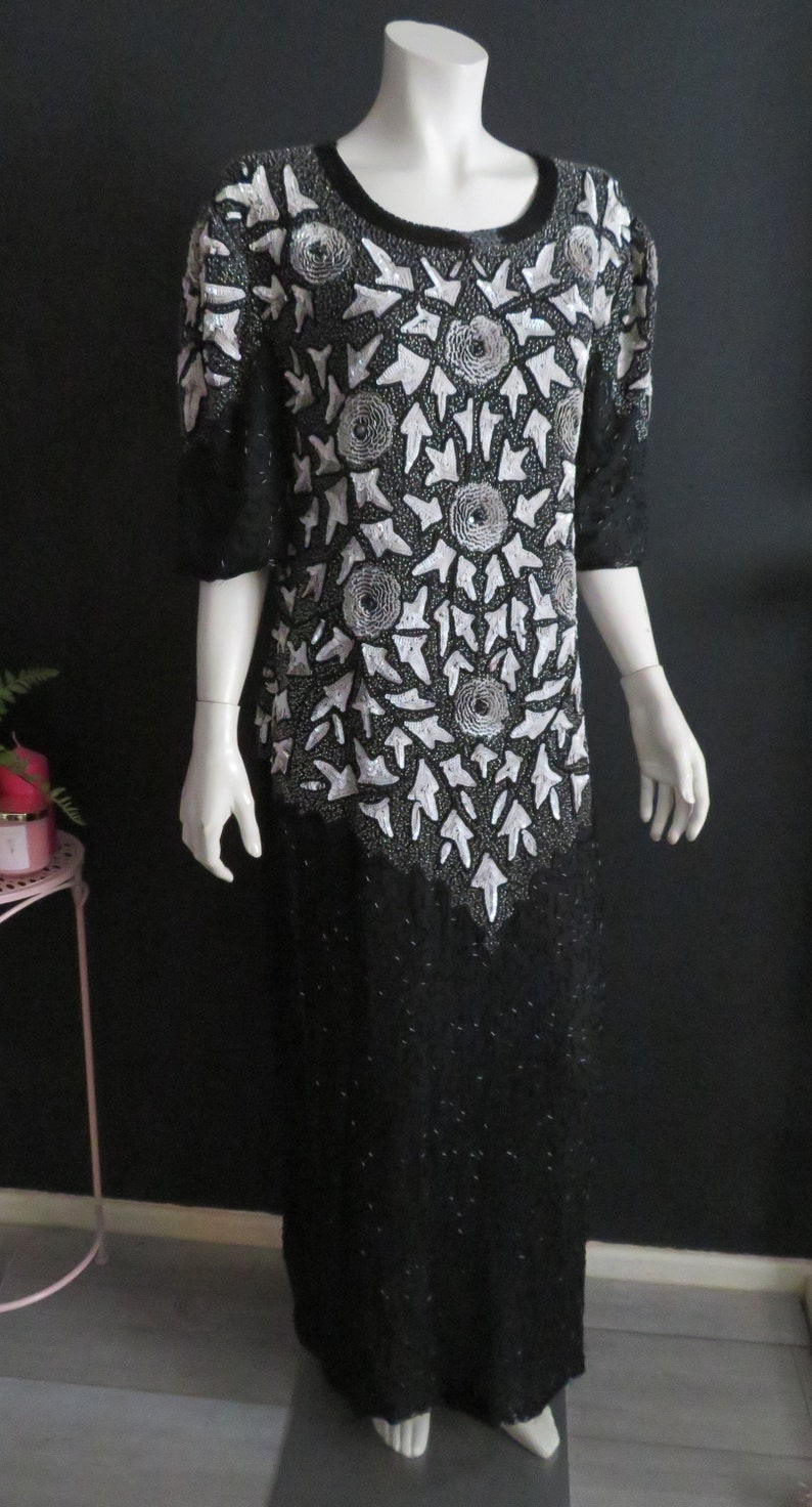 Vintage 1980/'s Beaded Maxi Dress By Carina Silk Beaded Sequined Pearlescent  12