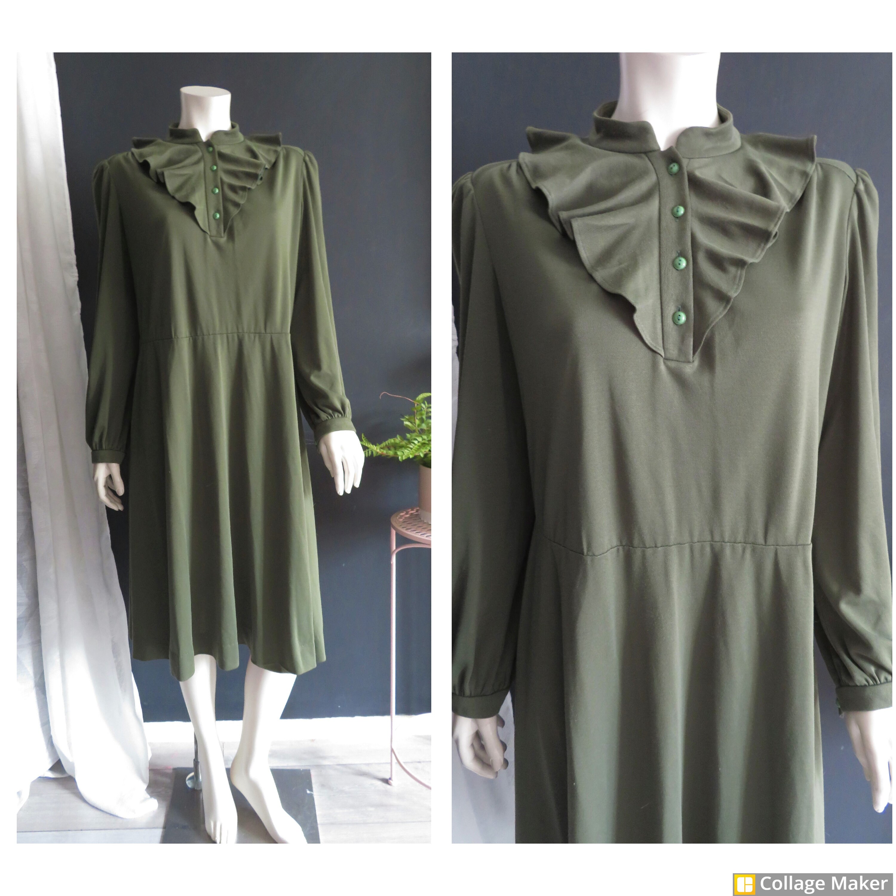 Vintage 1970's Olive Green Midi Dress Ruffle Collar 16