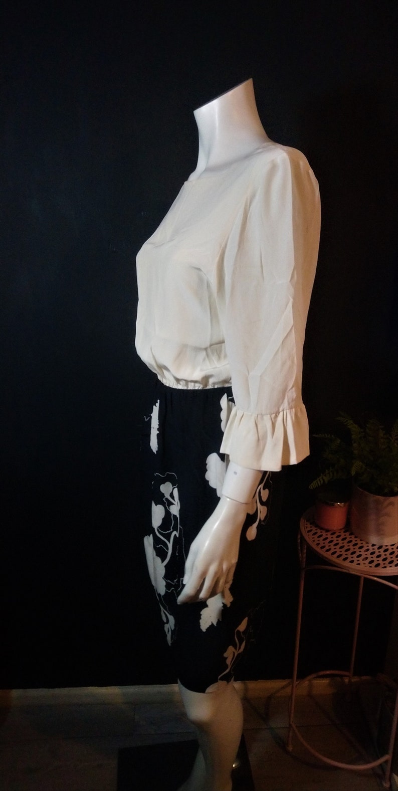 Vintage 1980/'s Casor Italy Seta Pura Silk Dress Ivory Black Midi 10