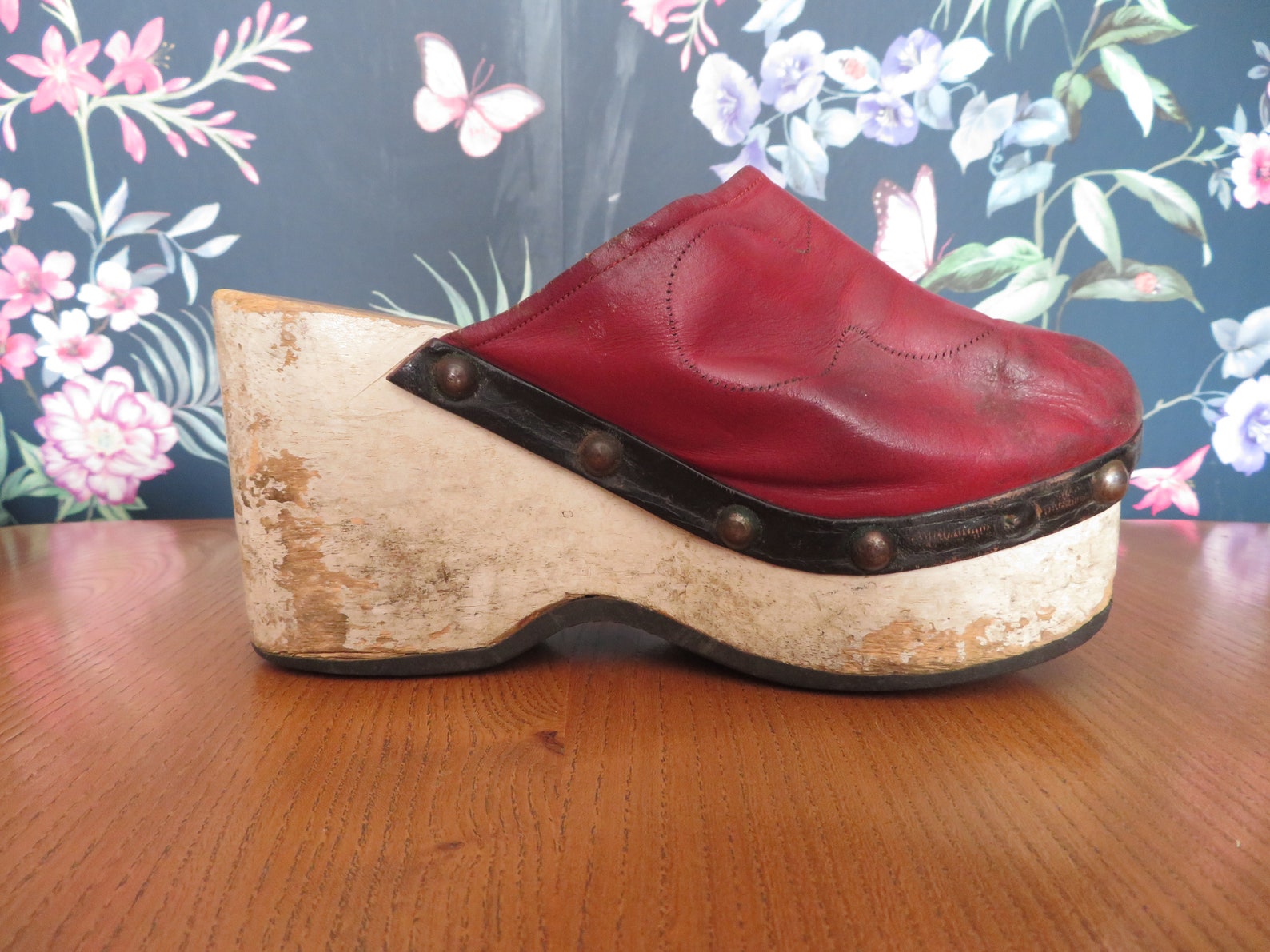 Vintage Rare 1970's Wooden Platform Clog Mules Red Leather Etsy