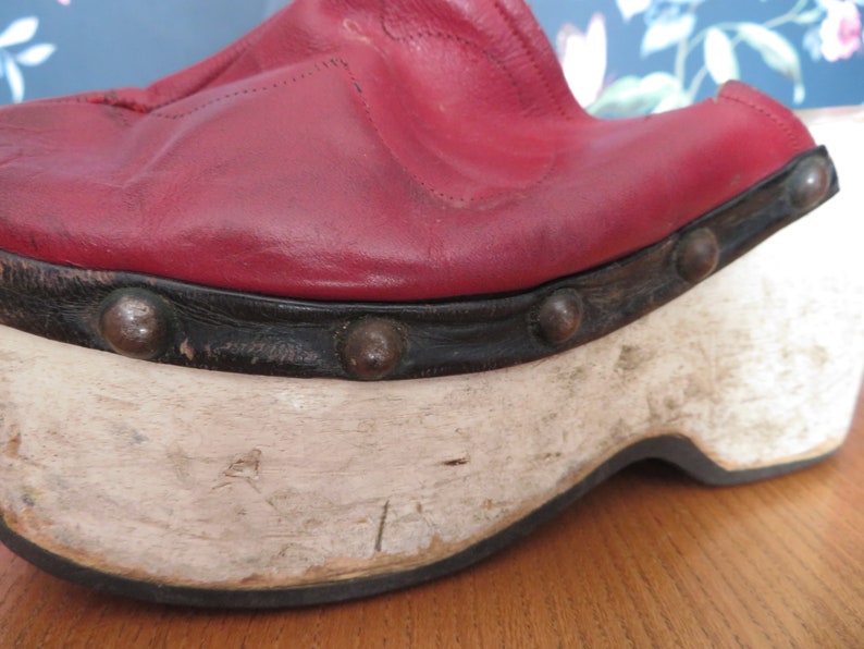 Vintage Rare 1970's Wooden Platform Clog Mules Red Leather Etsy