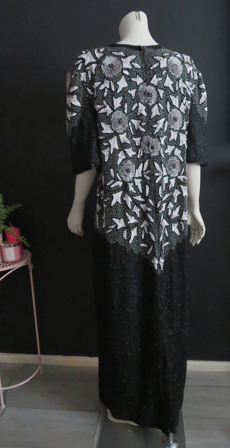 Vintage 1980/'s Beaded Maxi Dress By Carina Silk Beaded Sequined Pearlescent 12