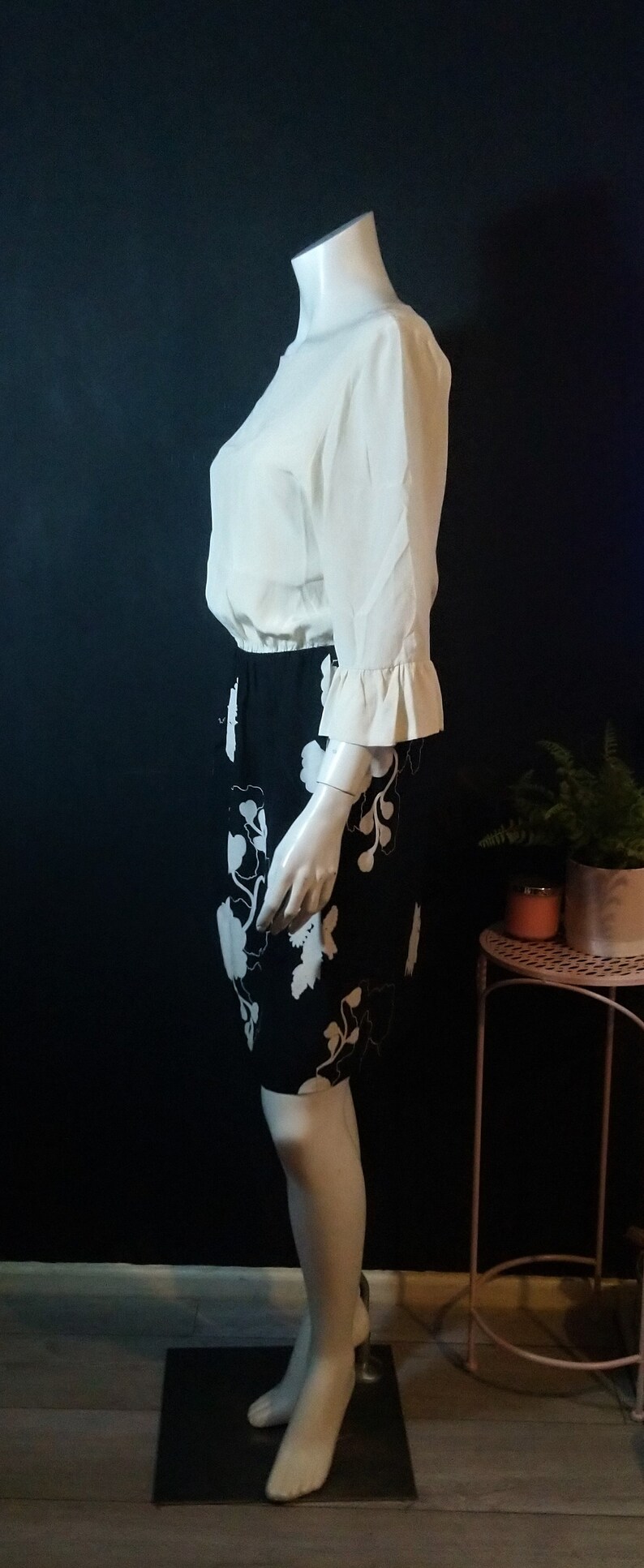Vintage 1980/'s Casor Italy Seta Pura Silk Dress Ivory Black Midi 10