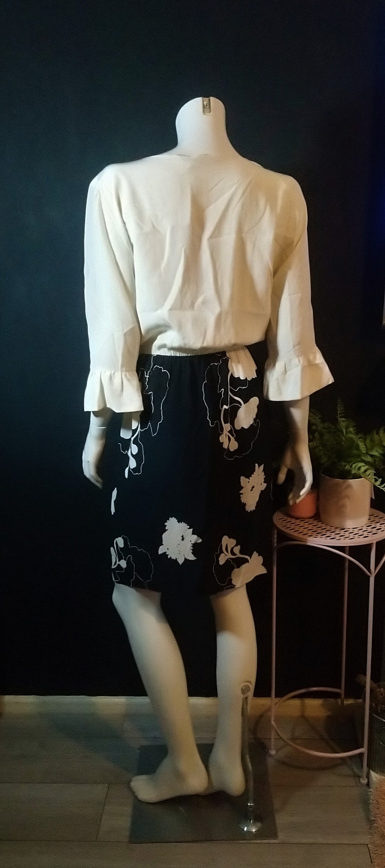 Vintage 1980/'s Casor Italy Seta Pura Silk Dress Ivory Black Midi 10