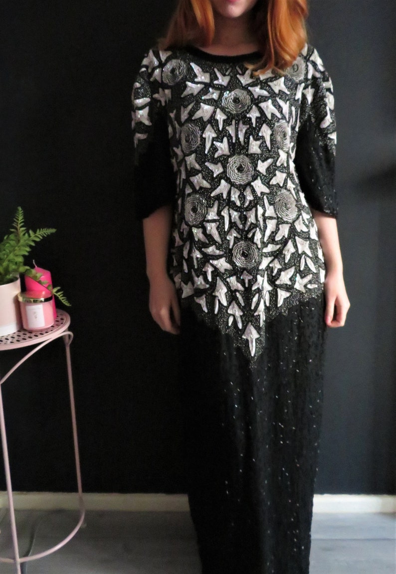 Vintage 1980/'s Beaded Maxi Dress By Carina Silk Beaded Sequined Pearlescent 12