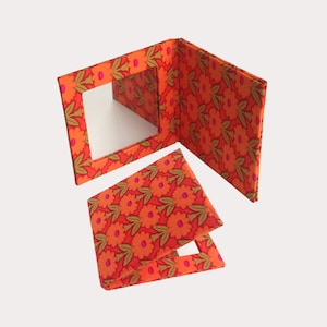 Pocket Mirror, Purse Mirror, Orange Floral Fabric Compact Mirror