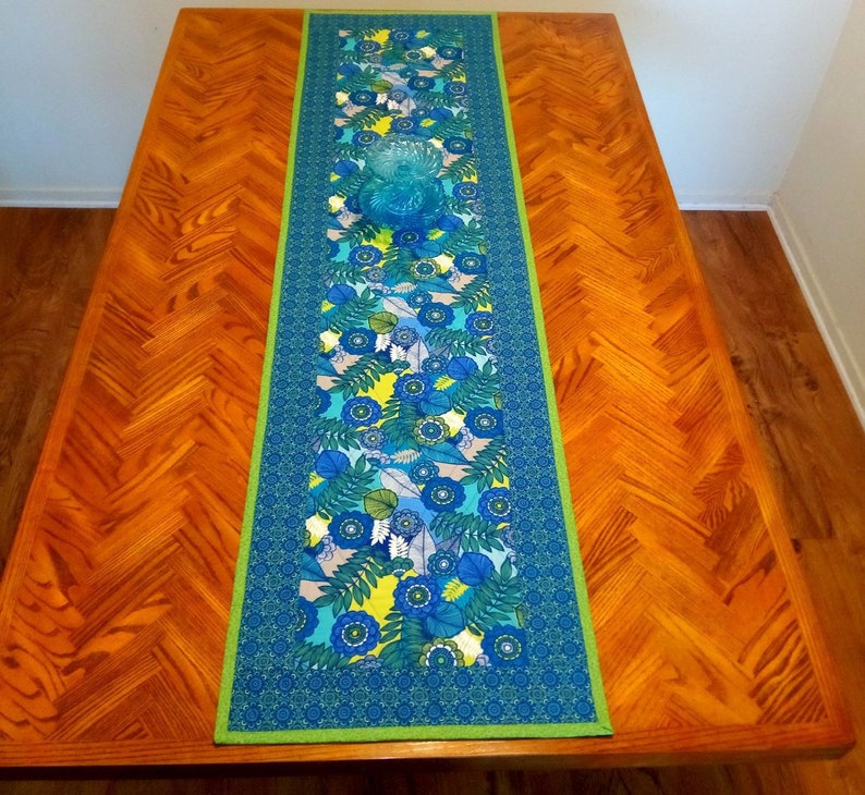 Table Runner Quilted Table Runner Blue Green Floral Table Etsy