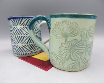 Handmade Pottery Mug;  Mug with Flowers; Mug with Graphic Design