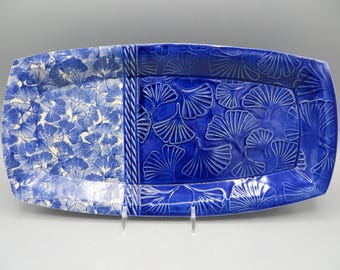 Ginkgo Plate; Handmade Pottery Rectangular/Oval Plate with Pattern; Rectangular Plate; Patterned Plate; Plate with Ginkgo Leaves