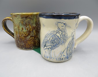 Handmade Pottery Mug; Mug with Cranes; Mug with Mushrooms; Embossed Pottery Mug