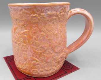 Mug; Embossed Pottery Mug; Mug with Chickens, Hearts,  Flowers