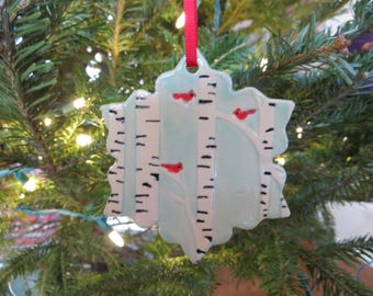 Handmade Pottery Christmas Ornament with Birch Trees and Cardinals; Cardinals; Snowflake Ornament
