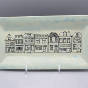Handmade Pottery Rectangular Plate with Houses; Rectangular Plate; House design; Building Design