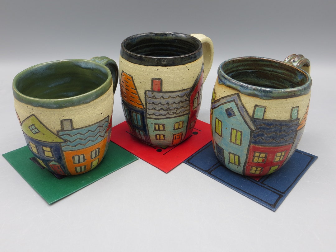 Mug Carved Pottery Mug Mug With House Detail Mug With Houses - Etsy