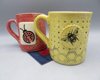 Hand built Ceramic Bee or Ladybug Mug; Carved Pottery Mug; Mug with Bees; Mug with Ladybug; Honeycomb with bees ; Ladybug Mug; Bee Mug