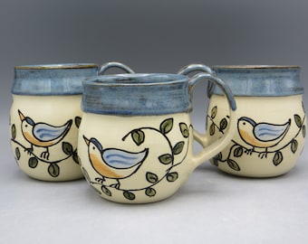 Mug; Carved Pottery Mug; Mug with Leaves; Mug with Bird
