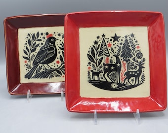Pottery Plates with Woodland Design; Christmas Plate;  Plate with Deer; Plate with Bird