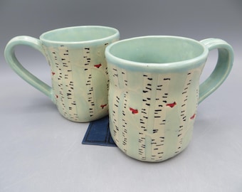 Embossed Pottery Mug: Birch trees with Cardinal design, Hand-Built Ceramic Mug