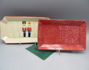 Pottery plate with Nutcrackers; Small rectangular plate; Holiday plate; Christmas plate