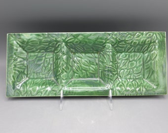 Hand Built Pottery Sectional Plate: Embossed Green Serving Tray