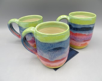 Rainbow Colored Pottery Mug; Multi-Colored Ceramic Coffee Cup