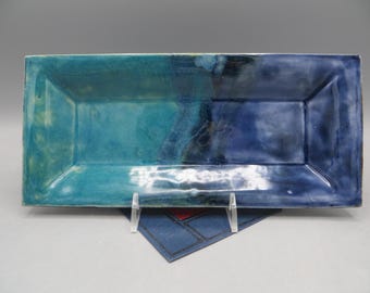 Plate, small embossed; Pottery plate; Small rectangular plate; Patterned plate; Teal plate; Blue plate