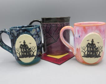 Pottery Halloween Mug: Haunted House & Cobweb Ceramic Mug
