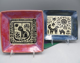 Pottery Plates with Cat, Dog or Rooster Design; Trinket Dish; Dog, Cat or Rooster Small Plate