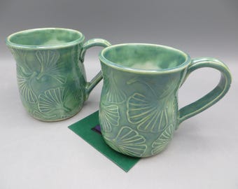 Mug with Gingko Leaves; Carved Pottery Mug