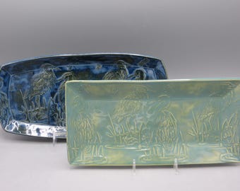 Platos con grullas; Plato ovalado; Plato rectangular; Plato de cerámica; Plato ovalado mediano; Diseño de grulla