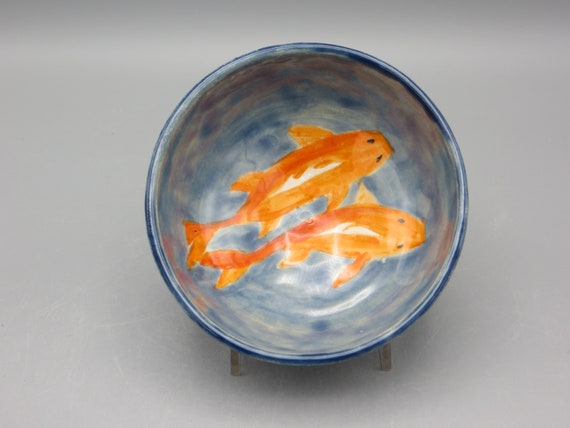 Handmade pottery bowl with Japanese Fish Design