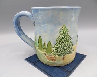 Embossed Pottery Mug: Forest design with bears, Hand-Built Ceramic Mug