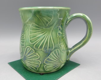 Mug with Gingko Leaves; Carved Pottery Mug