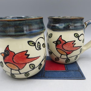 Mug; Carved Pottery Mug; Mug with Leaves; Mug with Bird; Mug with Cardinal; Cardinal Wine Cup; Stemless Wine Glass
