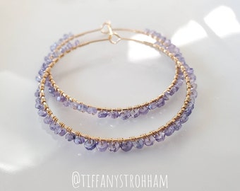 Tanzanite Hoop Earrings, Beaded Hoops, Gemstone Earrings, 14k Gold Filled Jewelry