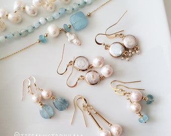 Pearl and Aqua Mini Collection II, Pearl Earrings, Aquamarine Jewelry, Pearl Necklace