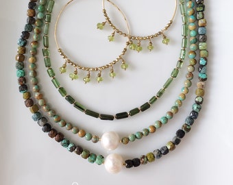 Green Goddess Collection, Green Necklace, Peridot Hoop Earrings