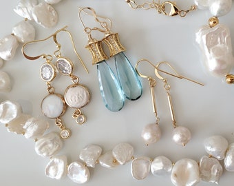 Pearl and Aqua Mini Collection, Pearl Earrings, Aquamarine Jewelry, Pearl Necklace