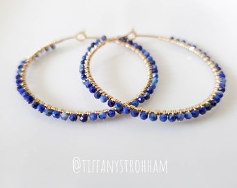 Blue Gemstone Hoops, 14kGold Filled Hoops, Beaded Earrings