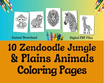 May include: Ten black and white coloring pages featuring jungle and plains animals. The animals include a monkey, hippopotamus, lion, zebra, and giraffe. The pages are designed in a zendoodle style, with intricate patterns and details.