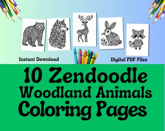May include: Ten black and white printable coloring pages featuring intricate zendoodle designs of woodland animals, including a bear, wolf, deer, rabbit, and raccoon.  Instant download, digital PDF files.
