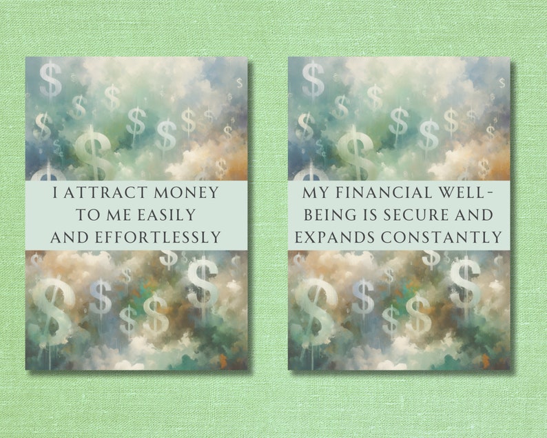 May include: Two images with a blue sky background and dollar signs falling from the sky. The first image has the text "I attract money to me easily and effortlessly". The second image has the text "My financial well-being is secure and expands constantly".