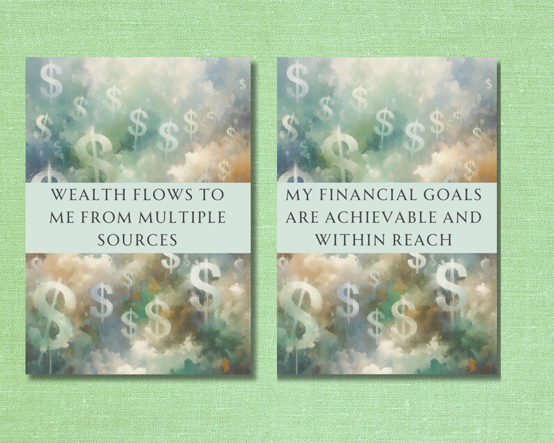 May include: Two motivational posters with a sky background and dollar signs. The first poster says "Wealth flows to me from multiple sources". The second poster says "My financial goals are achievable and within reach".