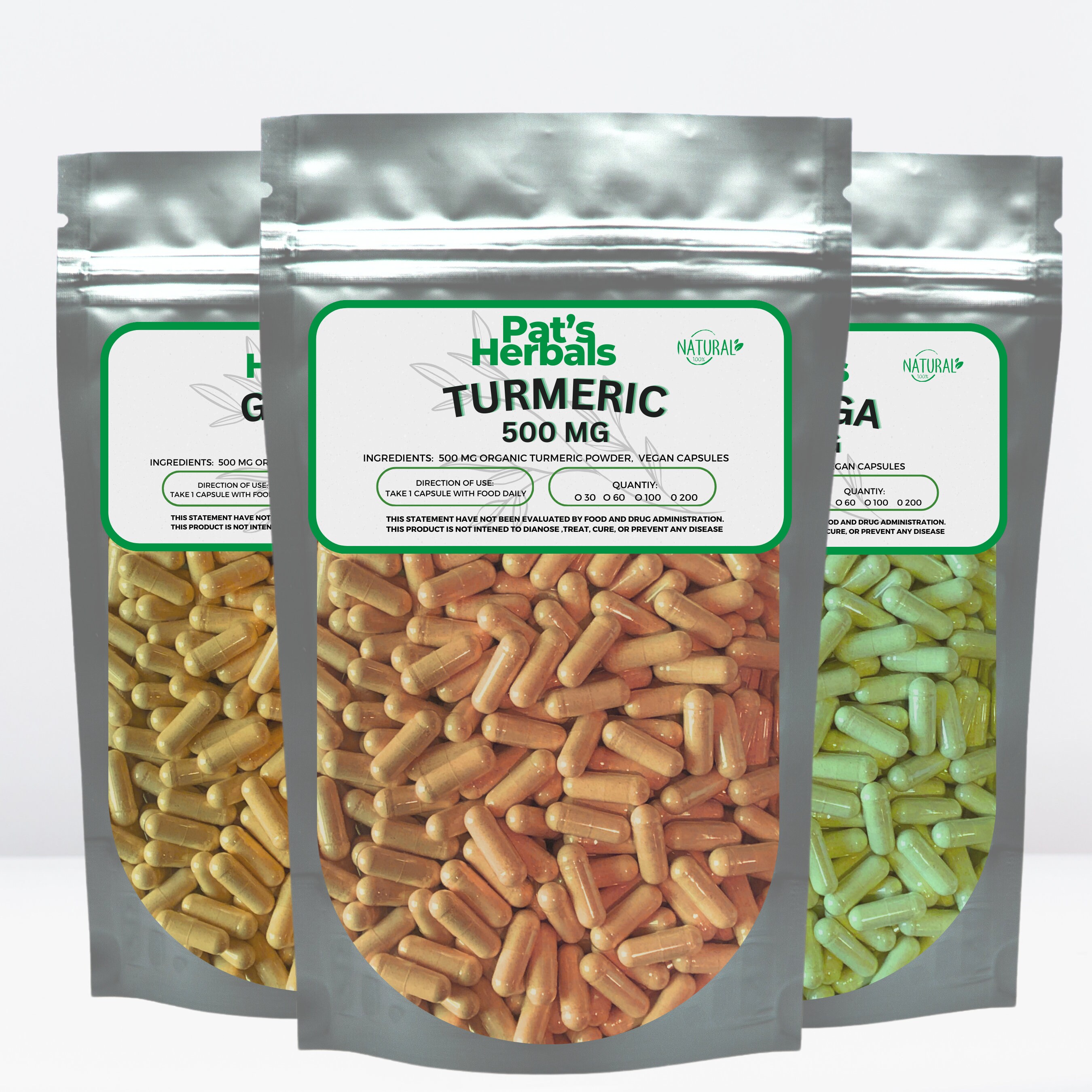 Organic Turmeric, Ginger, Moringa Capsules 500 Mg winter Bundle Special 100 Capsules Each Bag