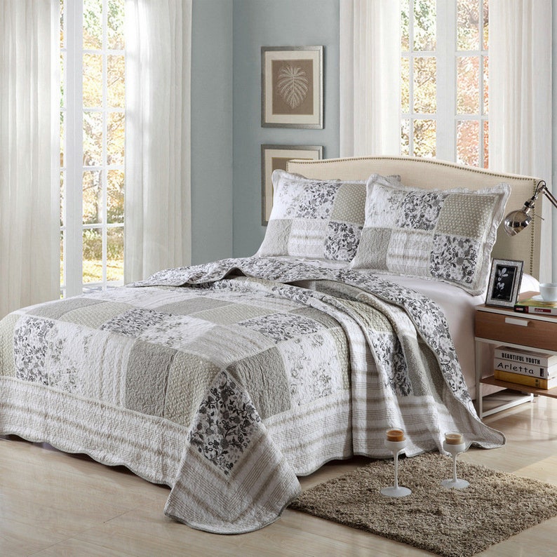 Luxury Quilted 100 Cotton Coverlet Bedspread Set Patchwork Etsy