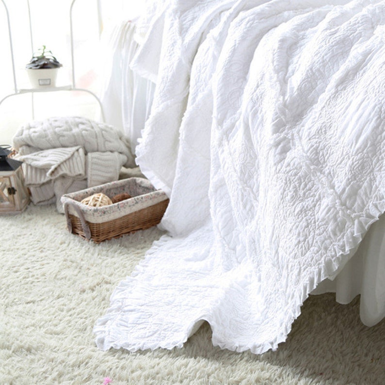 Luxury Quilted 100 Cotton Coverlet / Bedspread Set Embroidery Etsy