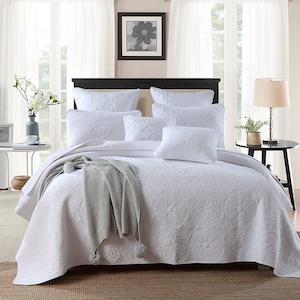 Luxury 100% Cotton Bedspread Coverlet Set Embroidery Quilt King / Super King Size Bed 250x270cm Circle White