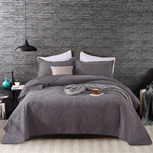 Quilted 100% Linen  Cotton Bedspread Coverlet Set Embroidery Quilt Queen King Size Bed 230x250cm Tara Charcoal