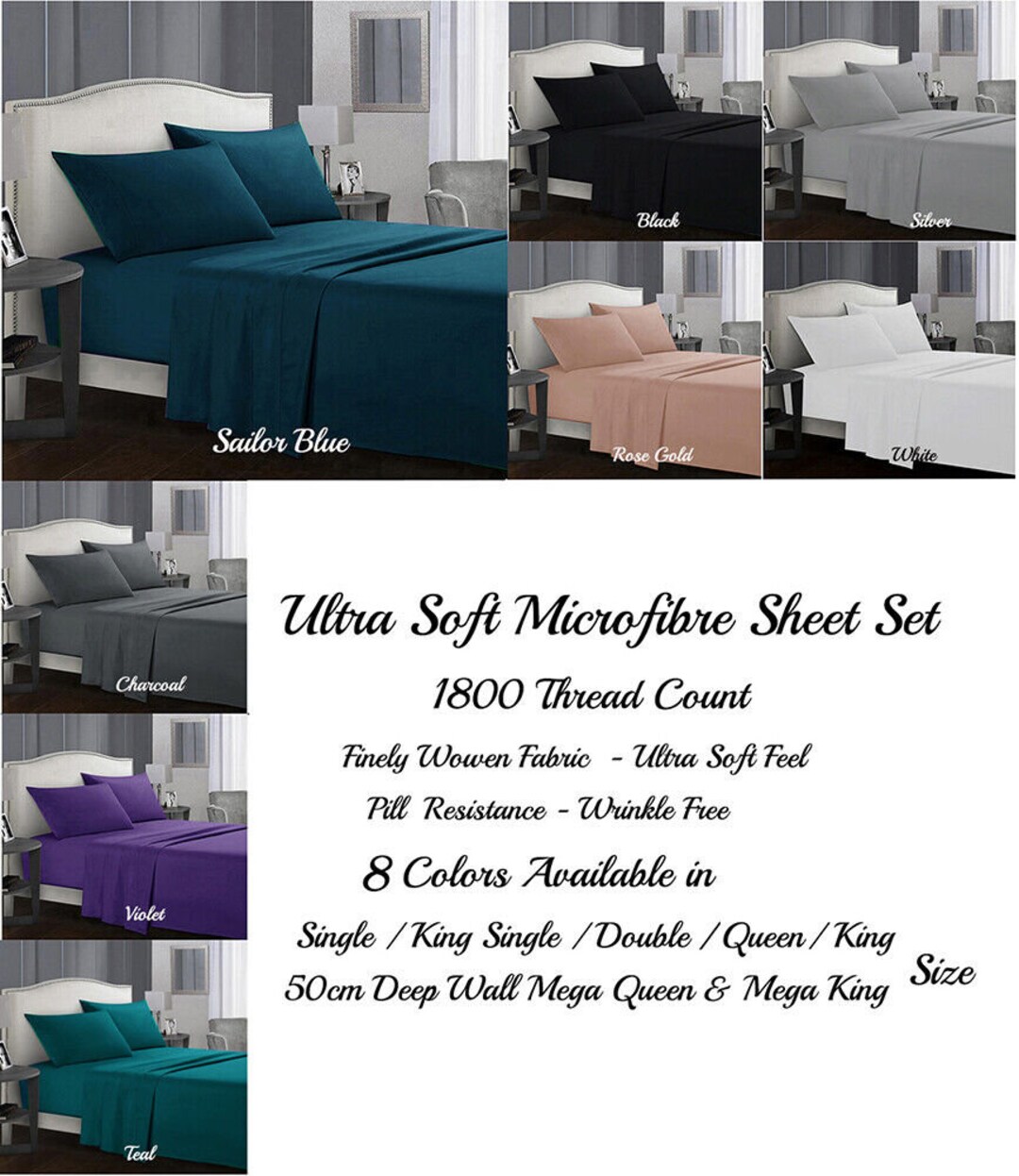 Buy 1800TC Ultra Soft Microfibre Fitted Full Sheet Set 40cm or 50cm Deep  Wall Sizes Colours Choice Online in India